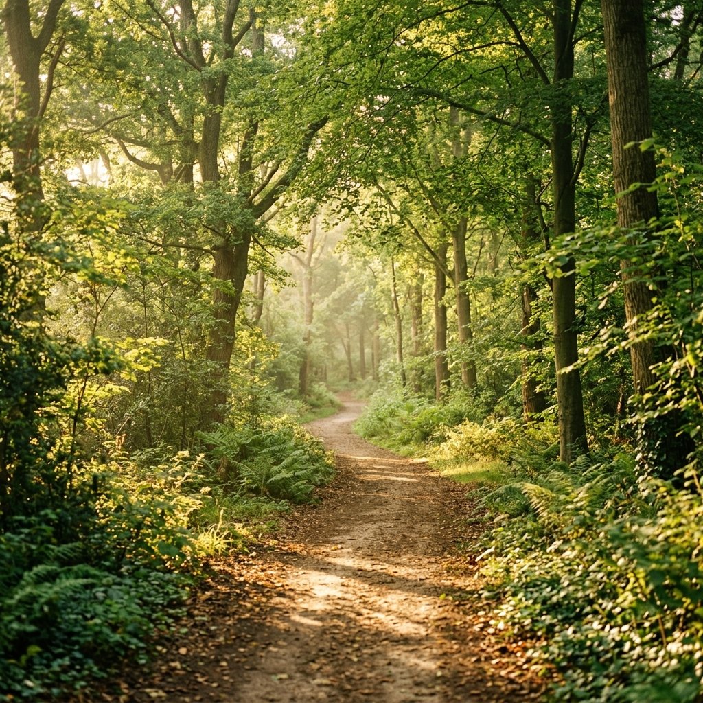 Sendero rodeado de árboles y vegetación con luz solar suave, transmitiendo paz y claridad