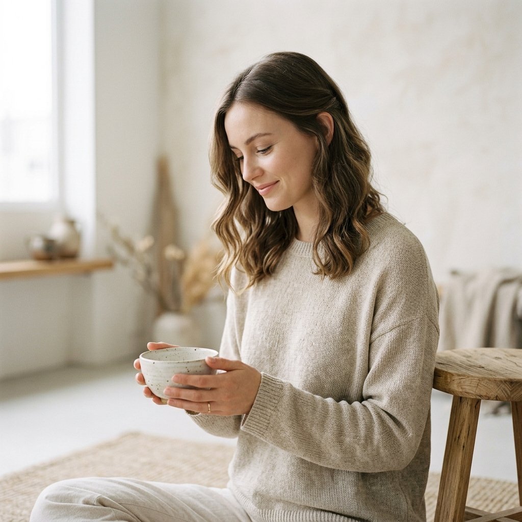 Mujer en calma meditando o reflexionando de forma pacífica