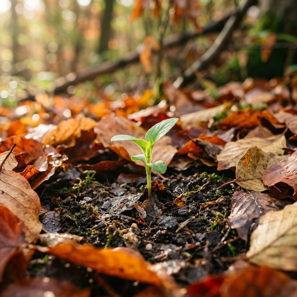 Un brote verde creciendo entre hojas secas, símbolo de renovación