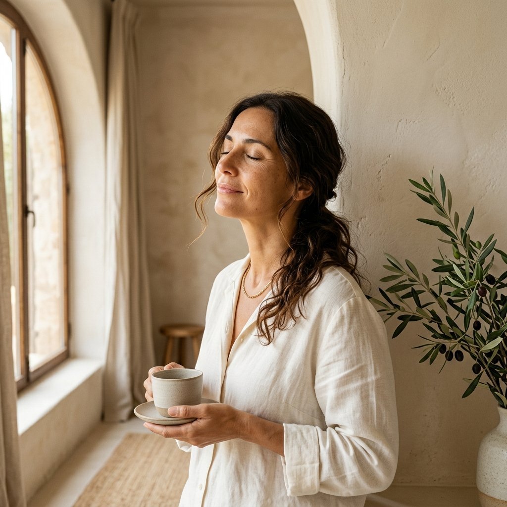 Mujer en calma sintiendo la luz del sol, representando paz y transformación interior